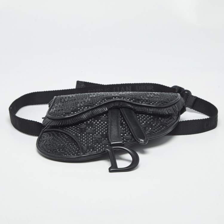 Pre Owned Dior Black Woven Leather Saddle Belt Bag