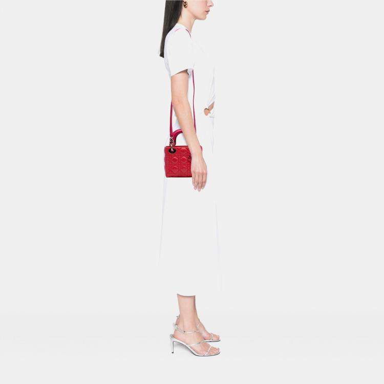 Pre Owned Dior Red Mini Bicolor Lambskin Cannage Lady Dior