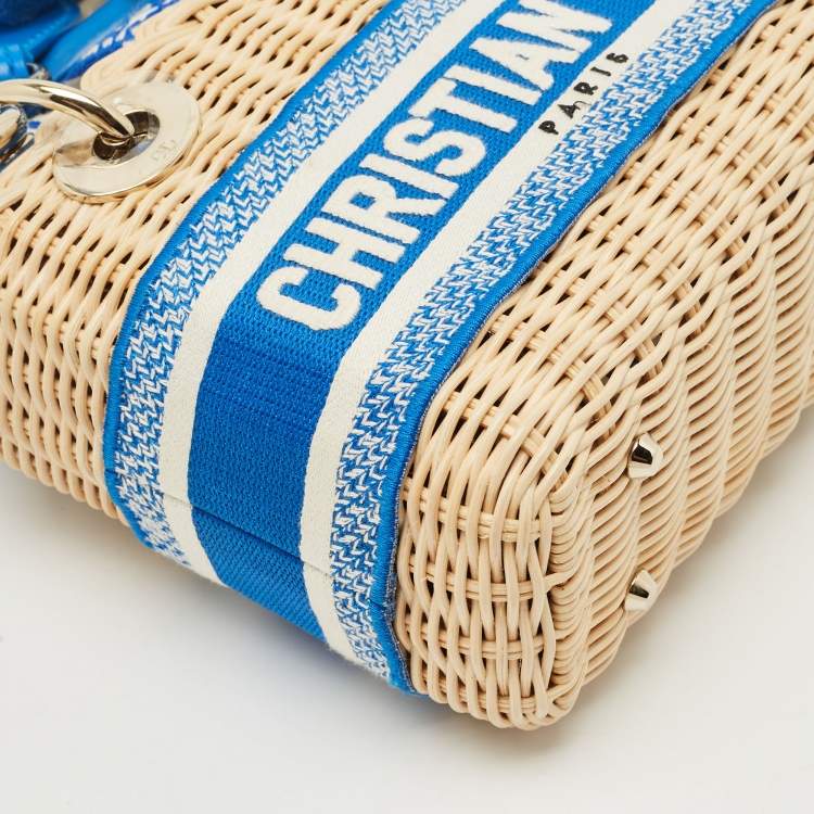 Pre Owned Dior Blue/Cream Rattan and Fabric Mini Wicker Lady Dior Tote