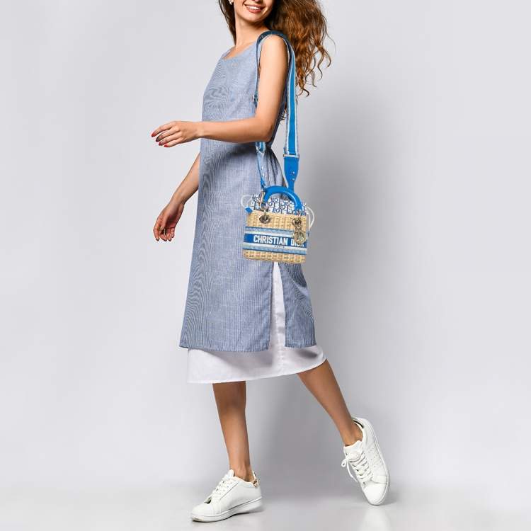 Pre Owned Dior Blue/Cream Rattan and Fabric Mini Wicker Lady Dior Tote