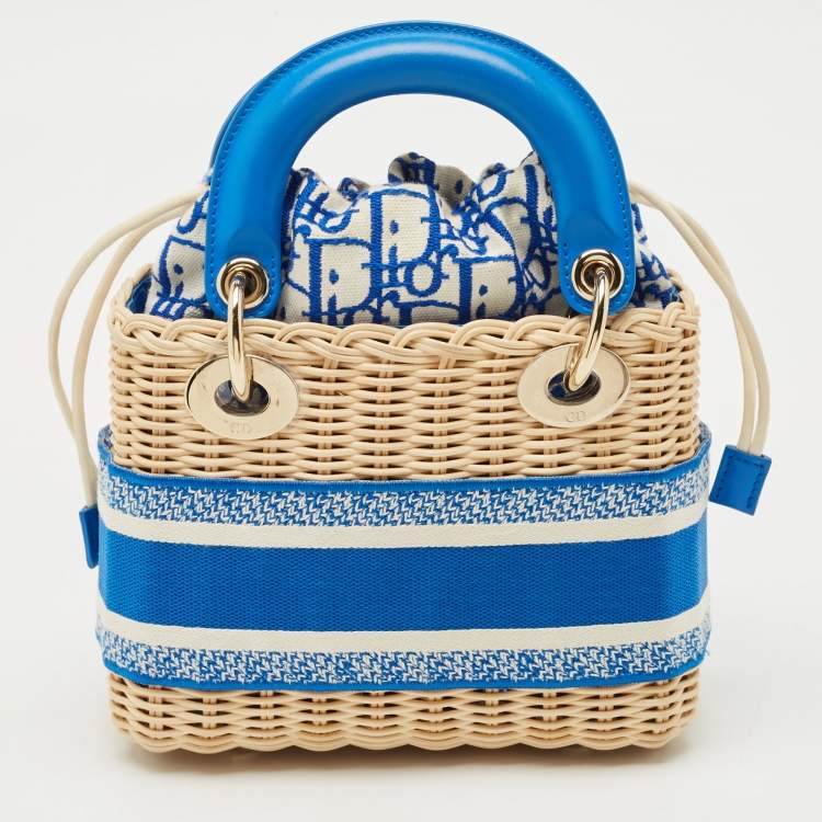 Pre Owned Dior Blue/Cream Rattan and Fabric Mini Wicker Lady Dior Tote