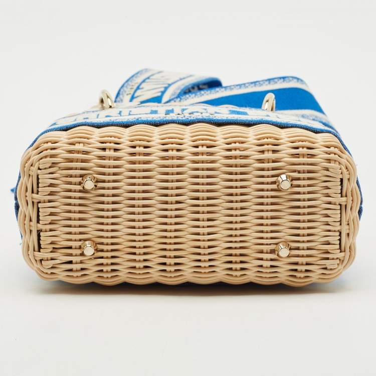 Pre Owned Dior Blue/Cream Rattan and Fabric Mini Wicker Lady Dior Tote