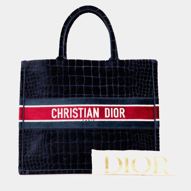 Pre Owned Dior Navy Blue Large Velvet Embossed Book Tote