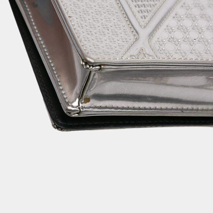 Pre Owned Dior Silver Metallic Patent Microcannage Diorama Wallet on Chain