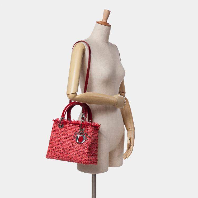 Pre Owned Dior Red Medium Tweed Fringe Rhinestone Lady Dior
