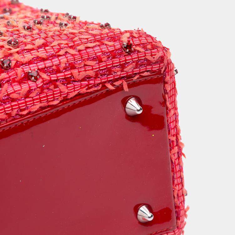 Pre Owned Dior Red Medium Tweed Fringe Rhinestone Lady Dior