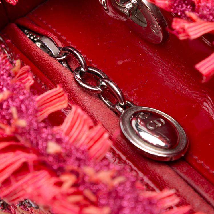 Pre Owned Dior Red Medium Tweed Fringe Rhinestone Lady Dior
