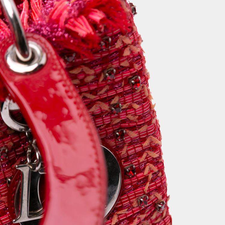 Pre Owned Dior Red Medium Tweed Fringe Rhinestone Lady Dior
