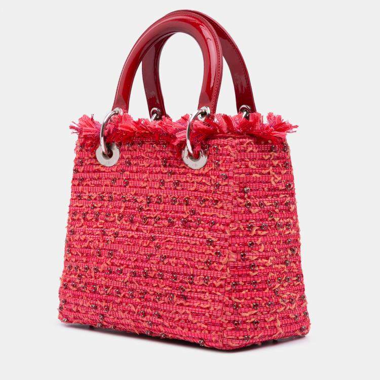 Pre Owned Dior Red Medium Tweed Fringe Rhinestone Lady Dior