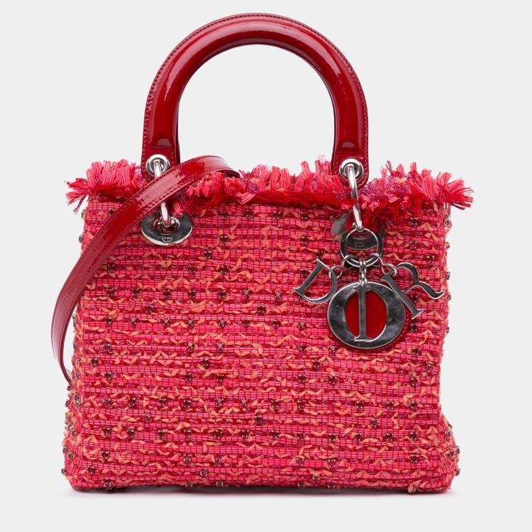 Pre Owned Dior Red Medium Tweed Fringe Rhinestone Lady Dior