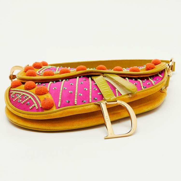 Pre Owned Dior Multicolor Velvet and Patent Leather Limited Edition Pom Pom Embellished Saddle Bag