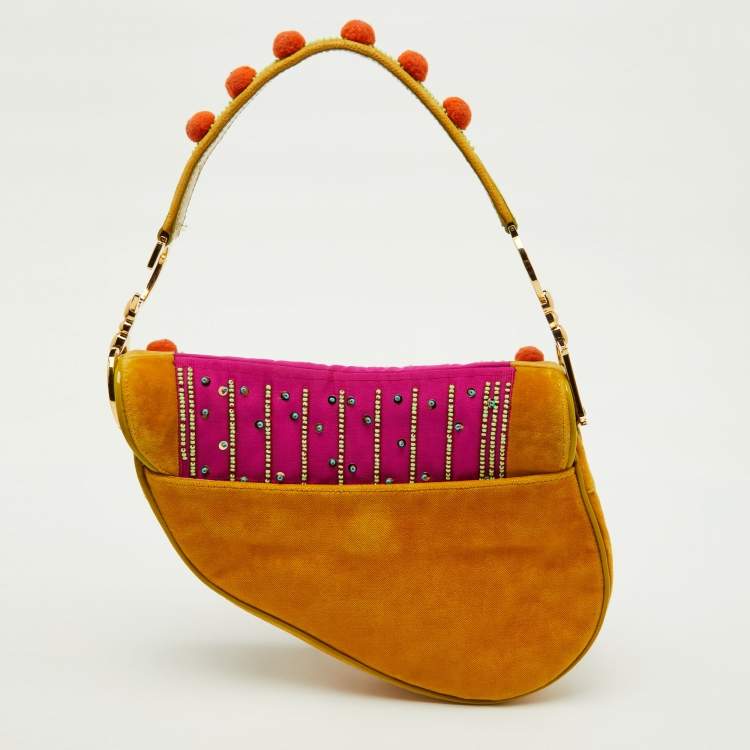Pre Owned Dior Multicolor Velvet and Patent Leather Limited Edition Pom Pom Embellished Saddle Bag