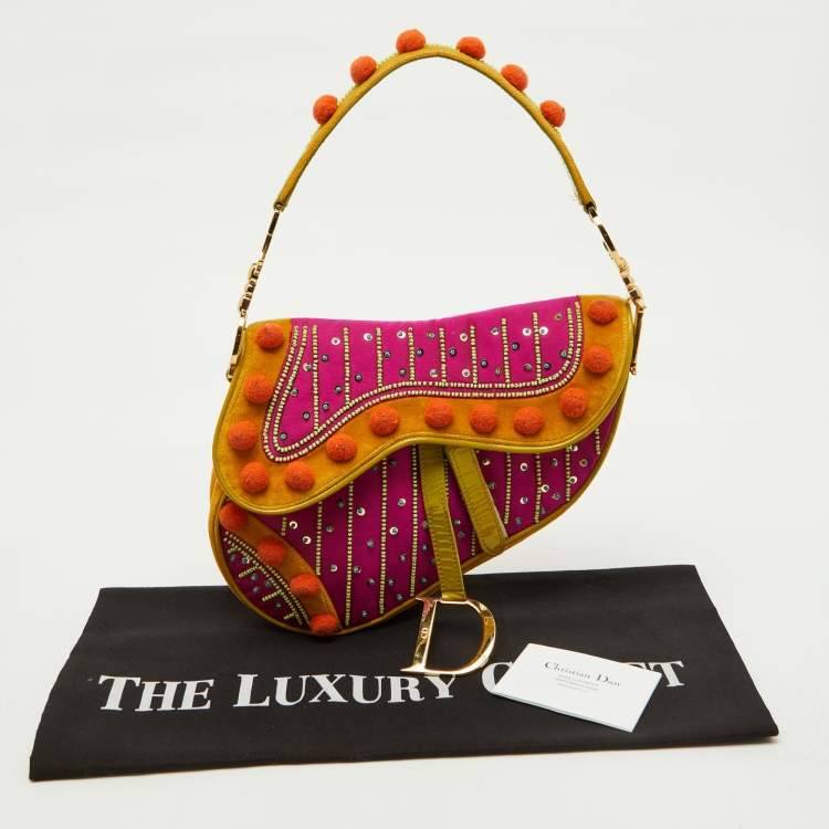 Pre Owned Dior Multicolor Velvet and Patent Leather Limited Edition Pom Pom Embellished Saddle Bag