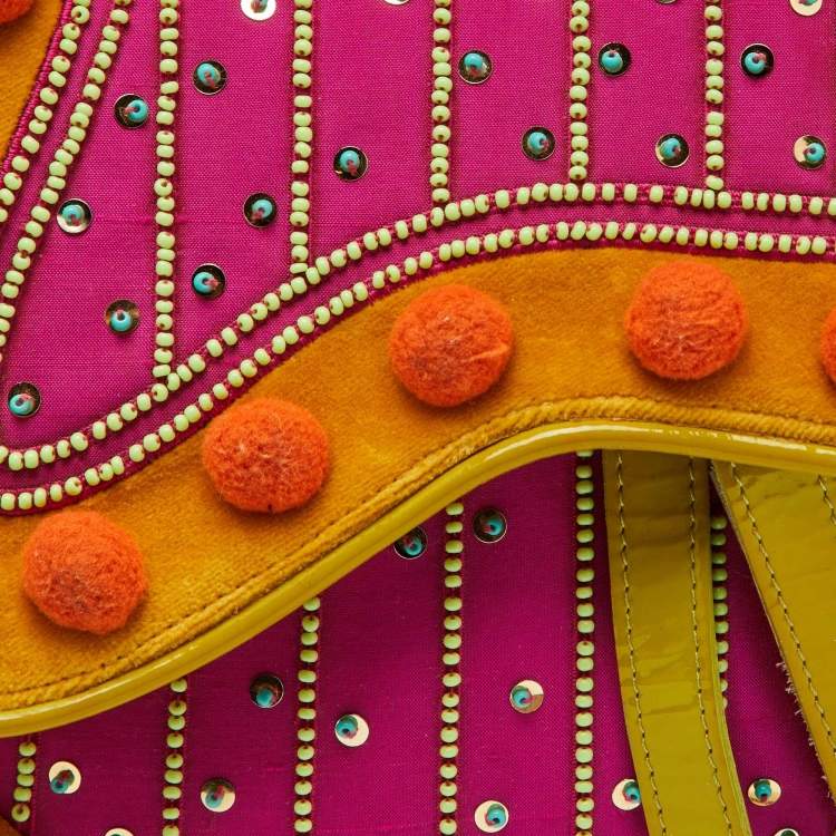 Pre Owned Dior Multicolor Velvet and Patent Leather Limited Edition Pom Pom Embellished Saddle Bag