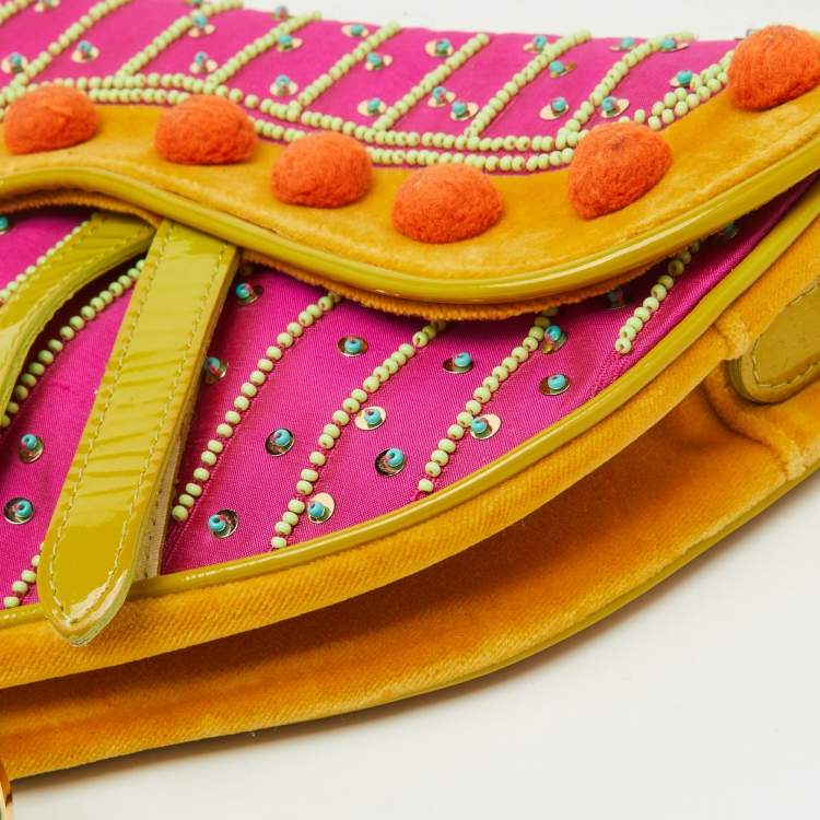 Pre Owned Dior Multicolor Velvet and Patent Leather Limited Edition Pom Pom Embellished Saddle Bag