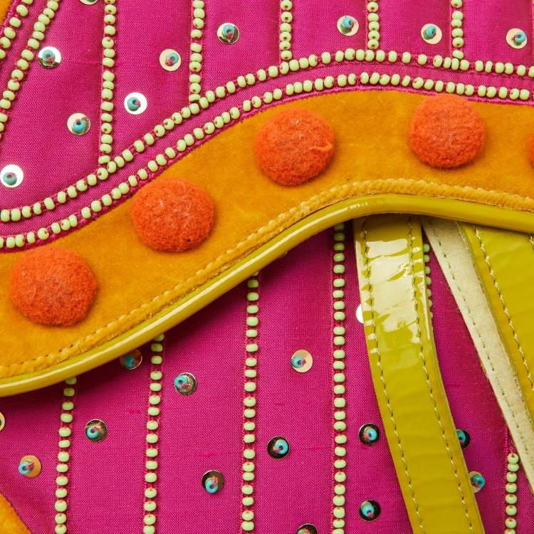 Pre Owned Dior Multicolor Velvet and Patent Leather Limited Edition Pom Pom Embellished Saddle Bag
