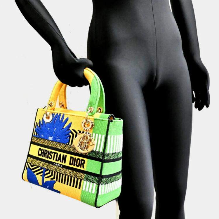 Pre Owned Dior Lady D-Lite Medium Yellow Canvas Tote Bag
