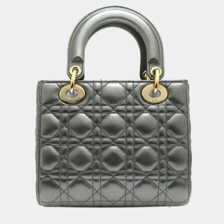 Pre Owned Dior Lady Dior Silver Calfskin Shoulder Bag