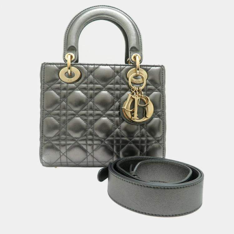 Pre Owned Dior Lady Dior Silver Calfskin Shoulder Bag