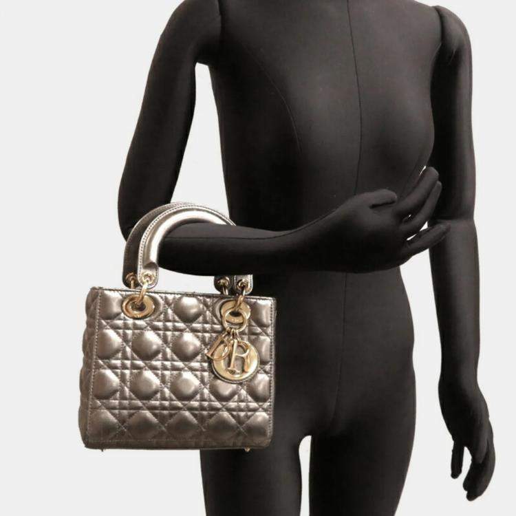 Pre Owned Dior Lady Dior Silver Calfskin Shoulder Bag