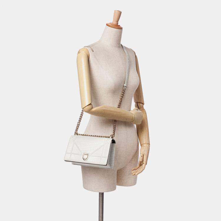 Pre Owned Dior Silver Small Metallic Patent Microcannage Diorama Flap Bag