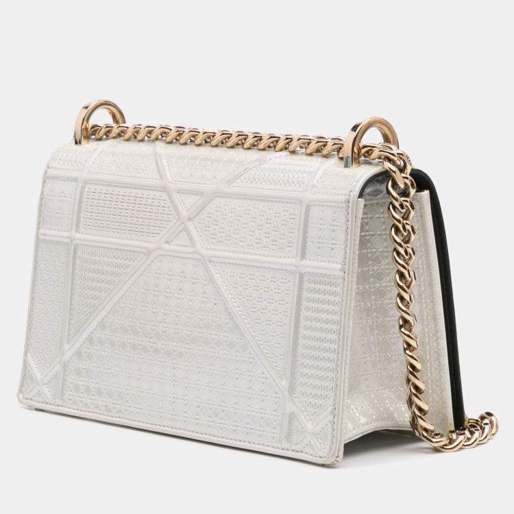 Pre Owned Dior Silver Small Metallic Patent Microcannage Diorama Flap Bag