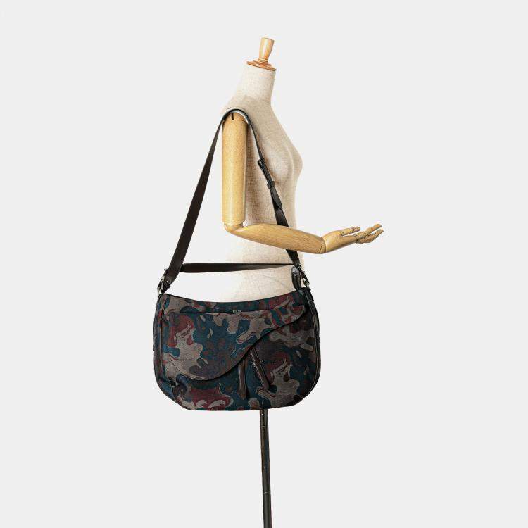 Pre Owned Dior Brown Peter Doig Denim Camouflage Soft Saddle Bag