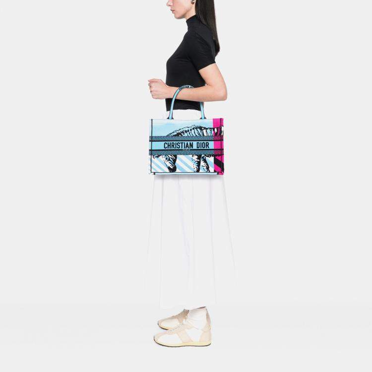 Pre Owned Dior Blue Medium Embroidered Canvas Zebra D Jungle Pop Book Tote