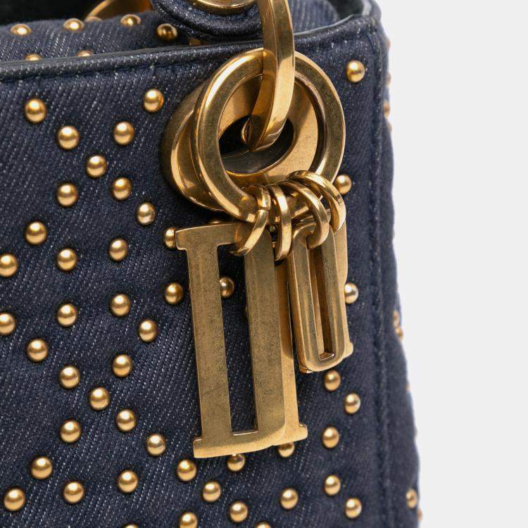 Pre Owned Dior Navy Blue Mini Denim Cannage Studded Supple Lady Dior