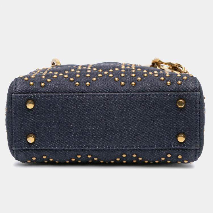 Pre Owned Dior Navy Blue Mini Denim Cannage Studded Supple Lady Dior