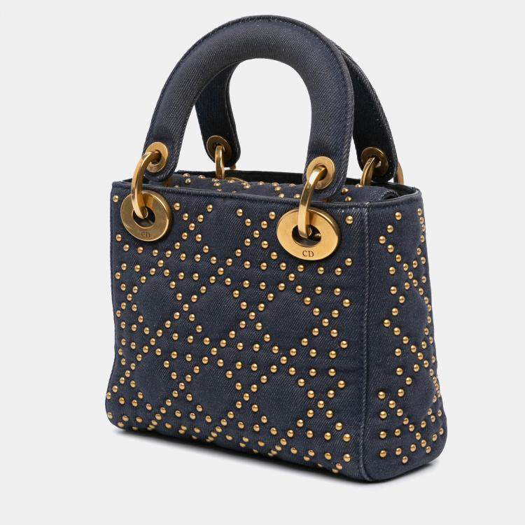 Pre Owned Dior Navy Blue Mini Denim Cannage Studded Supple Lady Dior