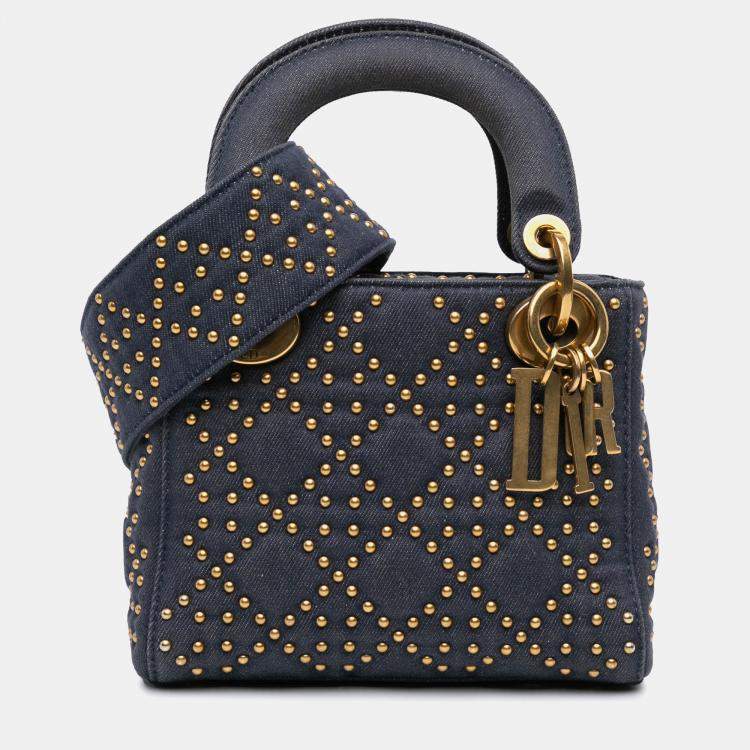 Pre Owned Dior Navy Blue Mini Denim Cannage Studded Supple Lady Dior