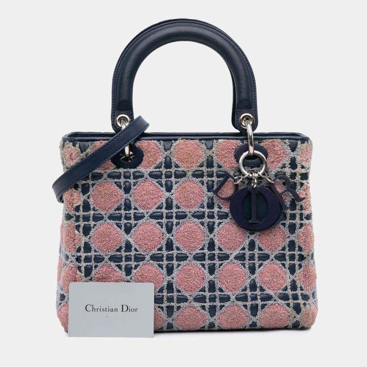 Pre Owned Dior Blue Medium Lambskin And Tweed Cannage Lady Dior