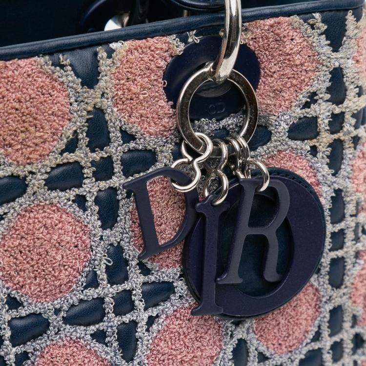 Pre Owned Dior Blue Medium Lambskin And Tweed Cannage Lady Dior