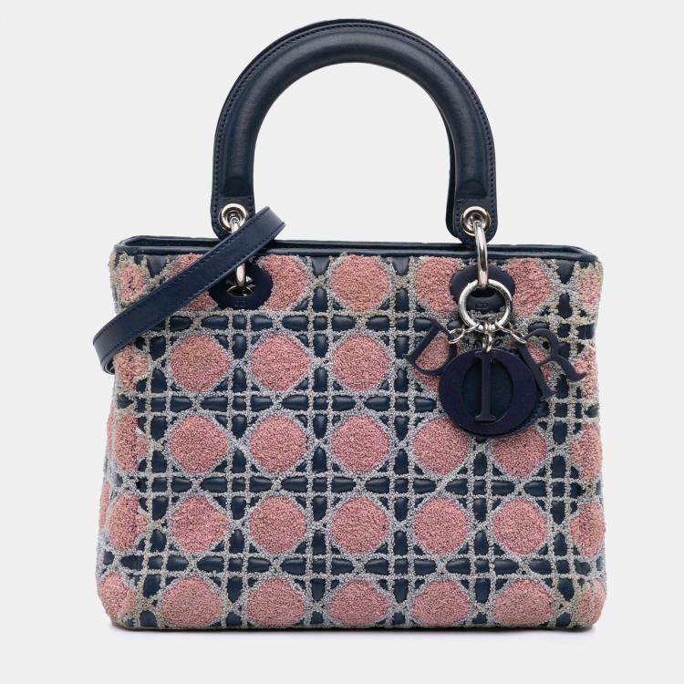 Pre Owned Dior Blue Medium Lambskin And Tweed Cannage Lady Dior