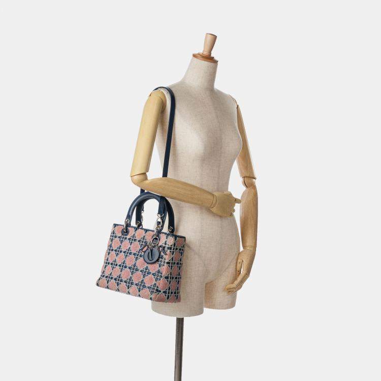 Pre Owned Dior Blue Medium Lambskin And Tweed Cannage Lady Dior