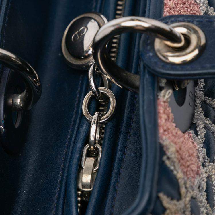 Pre Owned Dior Blue Medium Lambskin And Tweed Cannage Lady Dior
