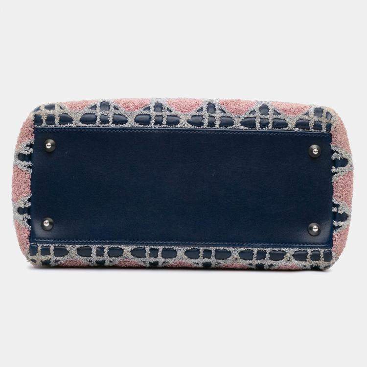 Pre Owned Dior Blue Medium Lambskin And Tweed Cannage Lady Dior