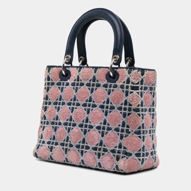 Pre Owned Dior Blue Medium Lambskin And Tweed Cannage Lady Dior