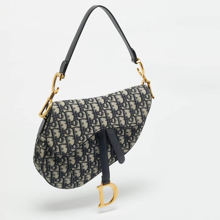 Pre Owned Dior Navy Blue Oblique Canvas and Leather Saddle Bag