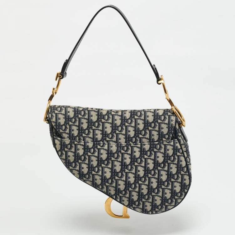 Pre Owned Dior Navy Blue Oblique Canvas and Leather Saddle Bag