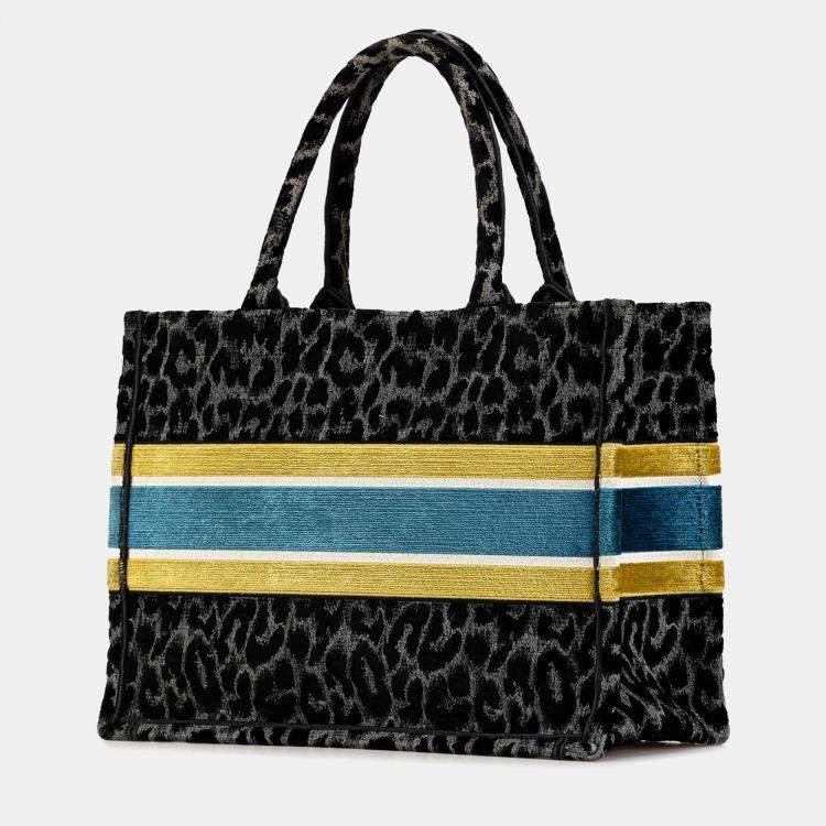 Pre Owned Dior Black Mizza Medium Embroidered Canvas Leopard Book Tote