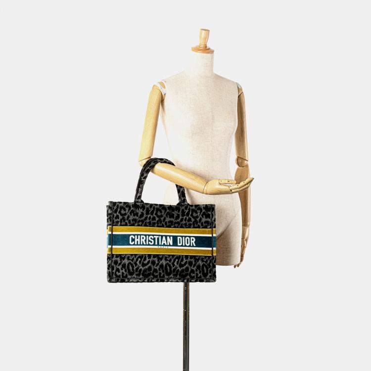 Pre Owned Dior Black Mizza Medium Embroidered Canvas Leopard Book Tote