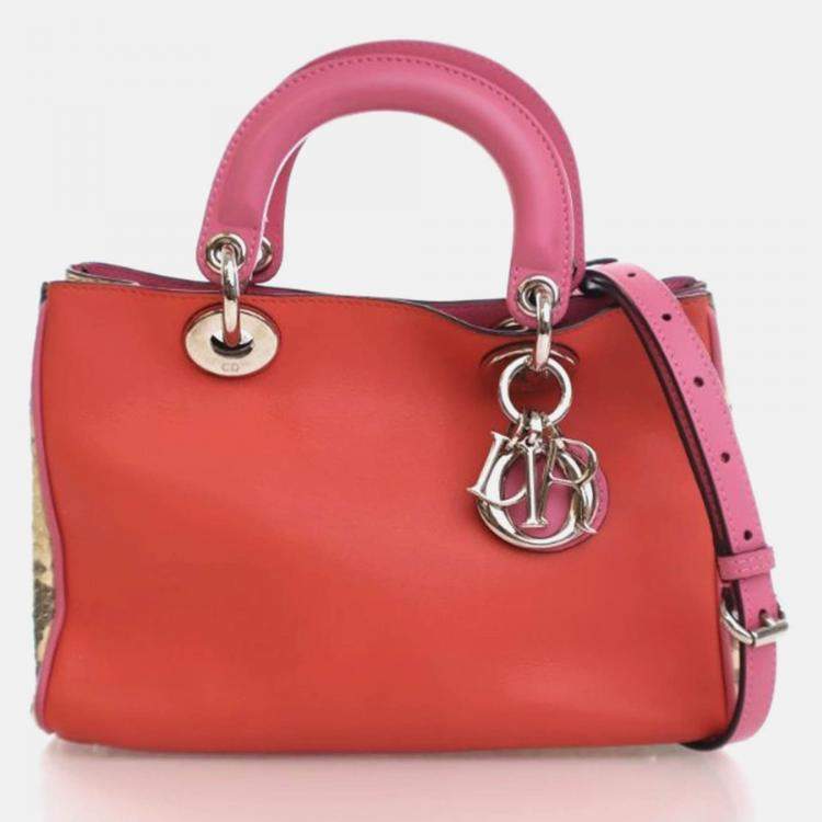 Pre Owned Dior Diorissimo Small Pink Red Calfskin Python Tote Bag