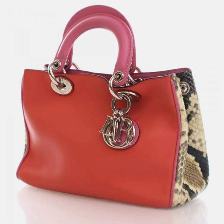 Pre Owned Dior Diorissimo Small Pink Red Calfskin Python Tote Bag