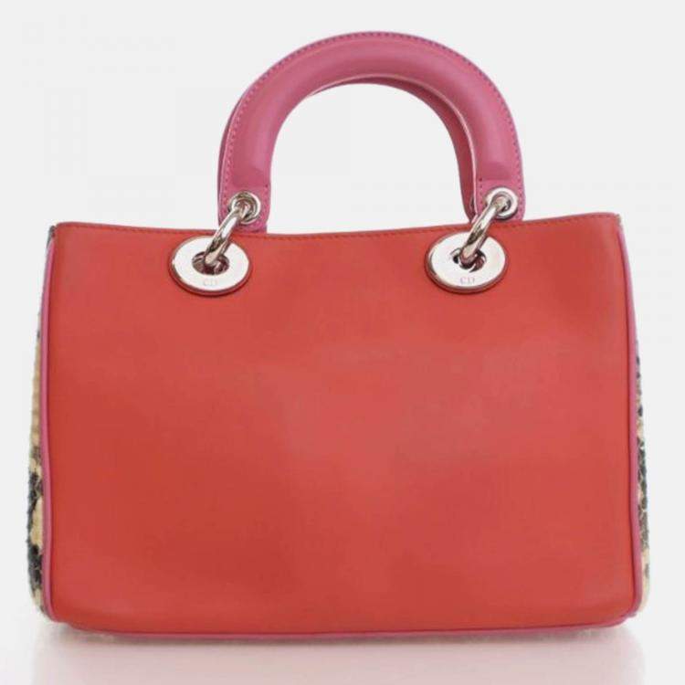 Pre Owned Dior Diorissimo Small Pink Red Calfskin Python Tote Bag