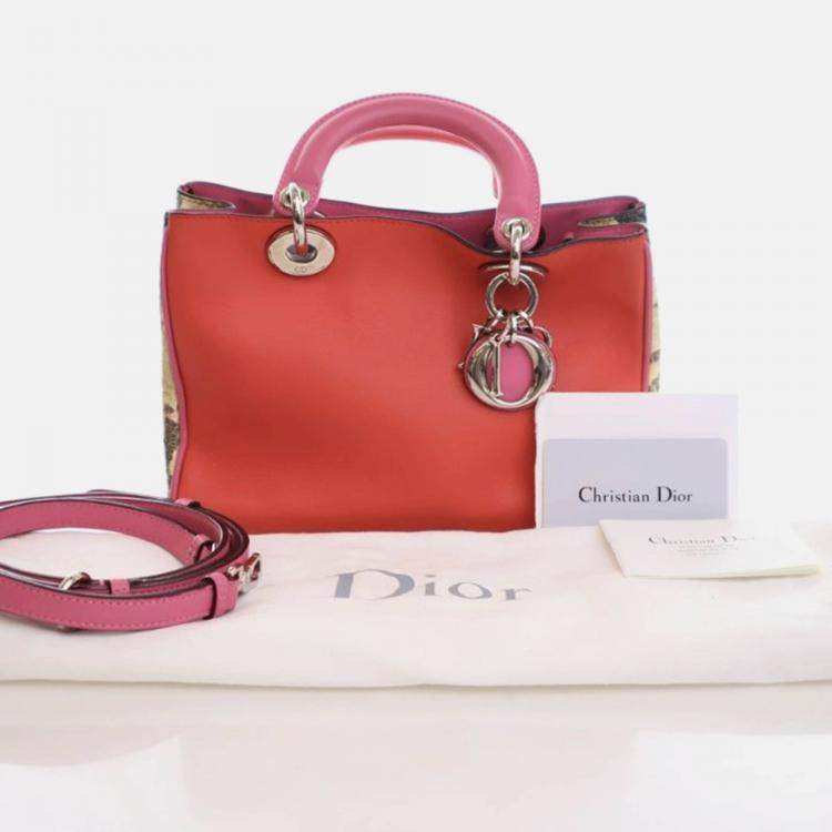 Pre Owned Dior Diorissimo Small Pink Red Calfskin Python Tote Bag