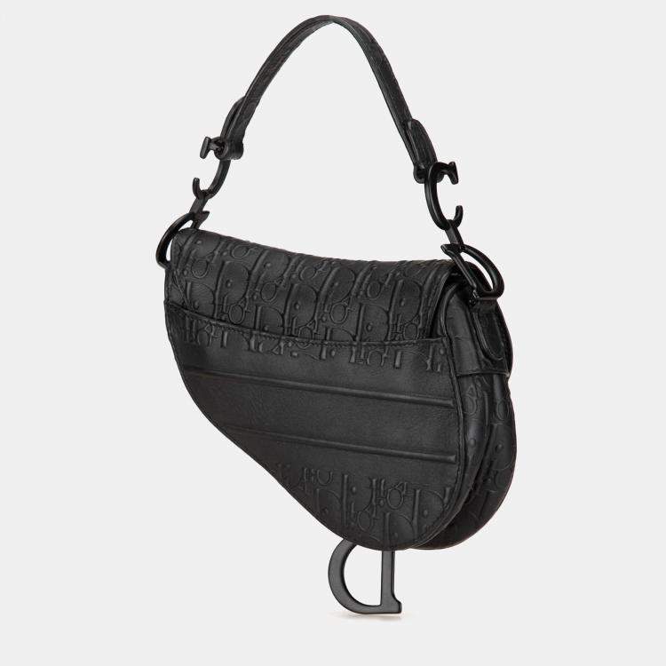Pre Owned Dior Black Mini Oblique Embossed Calfskin Saddle Bag