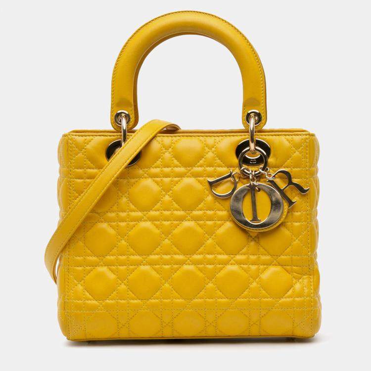 Pre Owned Dior Yellow Medium Lambskin Cannage Lady Dior