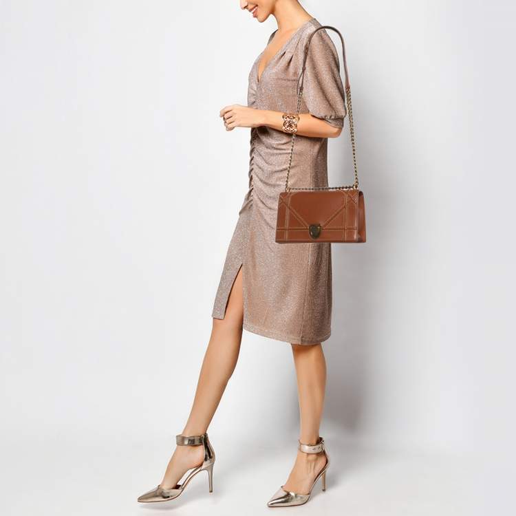 Pre Owned Dior Brown Leather Medium Diorama Studded Flap Shoulder Bag